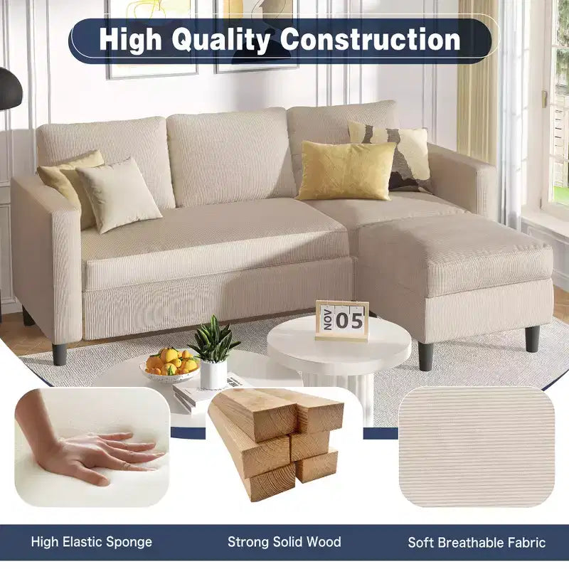 73.6 Canapé d'angle rembourré avec pouf pour salon, appartement, salle de détente, chambre, housses lavables