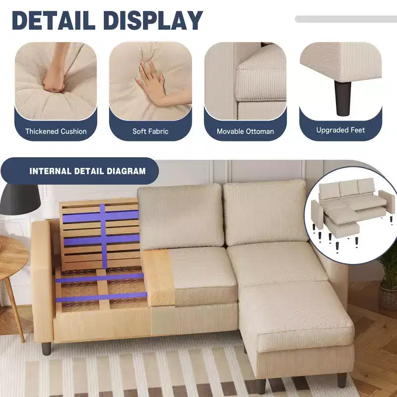 73.6 Canapé d'angle rembourré avec pouf pour salon, appartement, salle de détente, chambre, housses lavables