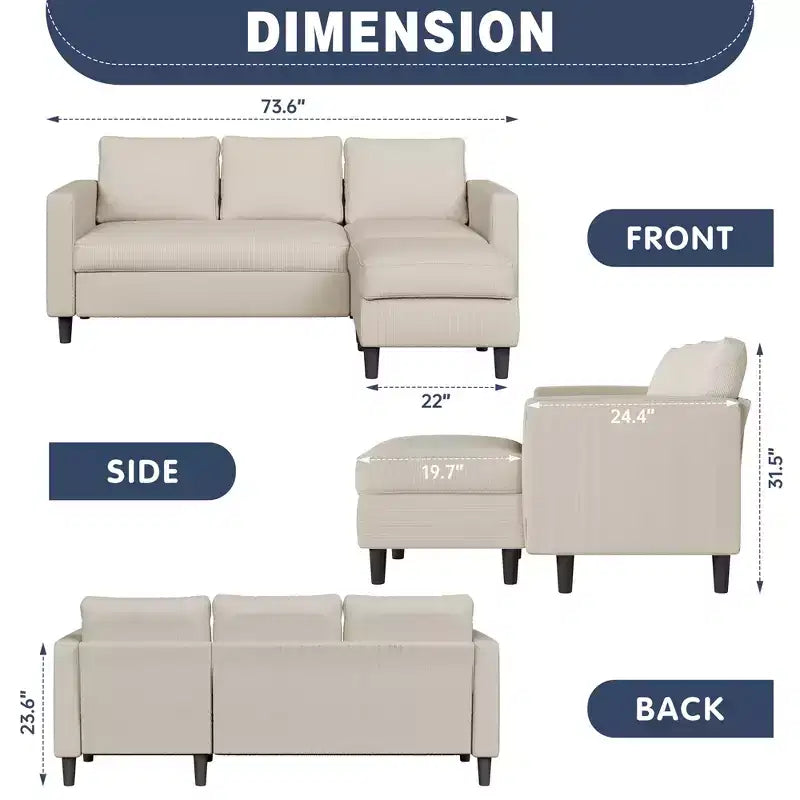 73.6 Canapé d'angle rembourré avec pouf pour salon, appartement, salle de détente, chambre, housses lavables