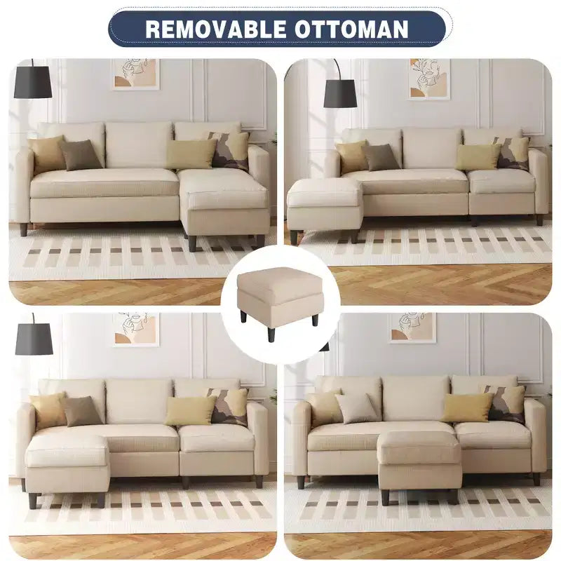 73.6 Canapé d'angle rembourré avec pouf pour salon, appartement, salle de détente, chambre, housses lavables