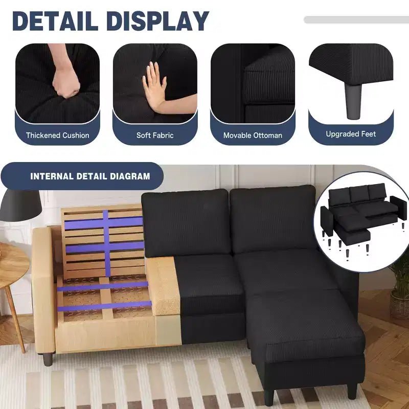 73.6 Canapé d'angle rembourré avec pouf pour salon, appartement, salle de détente, chambre, housses lavables