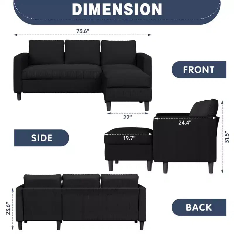 73.6 Canapé d'angle rembourré avec pouf pour salon, appartement, salle de détente, chambre, housses lavables