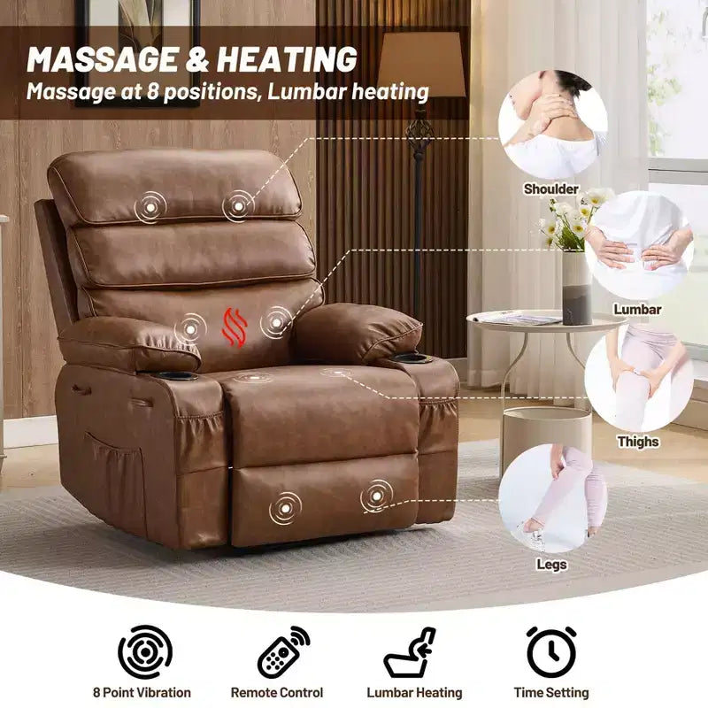 Fauteuil inclinable pivotant manuel surdimensionné avec massage et chauffage, rotation à 360°, inclinaison à 150°, cuir PU, télécommande pour salon