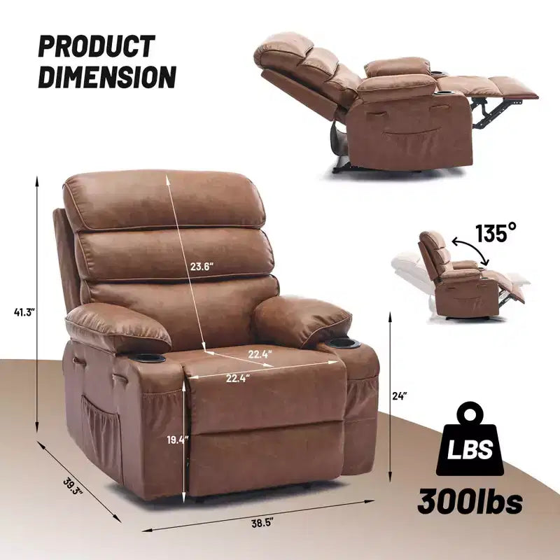 Fauteuil inclinable pivotant manuel surdimensionné avec massage et chauffage, rotation à 360°, inclinaison à 150°, cuir PU, télécommande pour salon