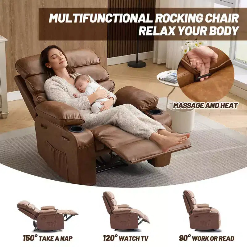 Fauteuil inclinable pivotant manuel surdimensionné avec massage et chauffage, rotation à 360°, inclinaison à 150°, cuir PU, télécommande pour salon