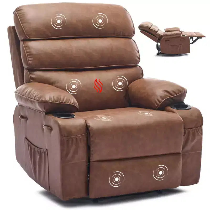 Fauteuil inclinable pivotant manuel surdimensionné avec massage et chauffage, rotation à 360°, inclinaison à 150°, cuir PU, télécommande pour salon