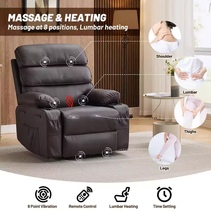Fauteuil inclinable pivotant manuel surdimensionné avec massage et chauffage, rotation à 360°, inclinaison à 150°, cuir PU, télécommande pour salon