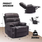 Fauteuil inclinable pivotant manuel surdimensionné avec massage et chauffage, rotation à 360°, inclinaison à 150°, cuir PU, télécommande pour salon
