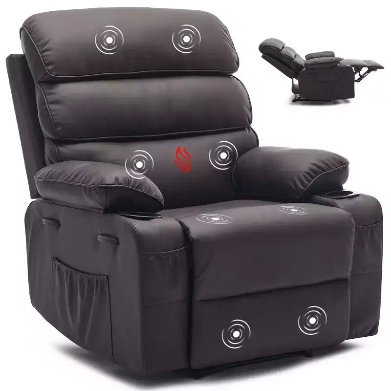 Fauteuil inclinable pivotant manuel surdimensionné avec massage et chauffage, rotation à 360°, inclinaison à 150°, cuir PU, télécommande pour salon