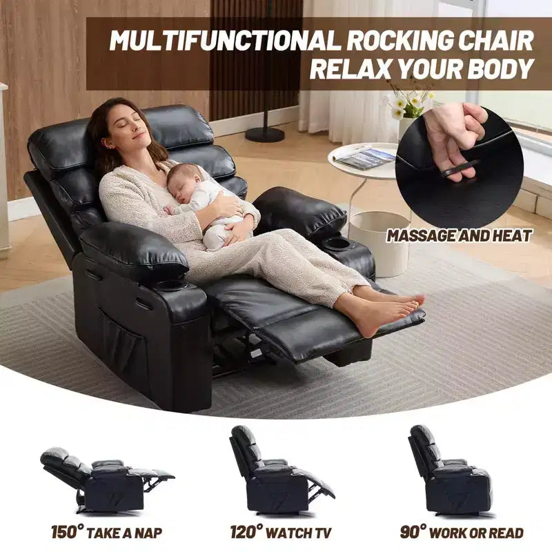 Fauteuil inclinable pivotant manuel surdimensionné avec massage et chauffage, rotation à 360°, inclinaison à 150°, cuir PU, télécommande pour salon