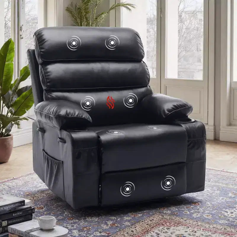 Fauteuil inclinable pivotant manuel surdimensionné avec massage et chauffage, rotation à 360°, inclinaison à 150°, cuir PU, télécommande pour salon