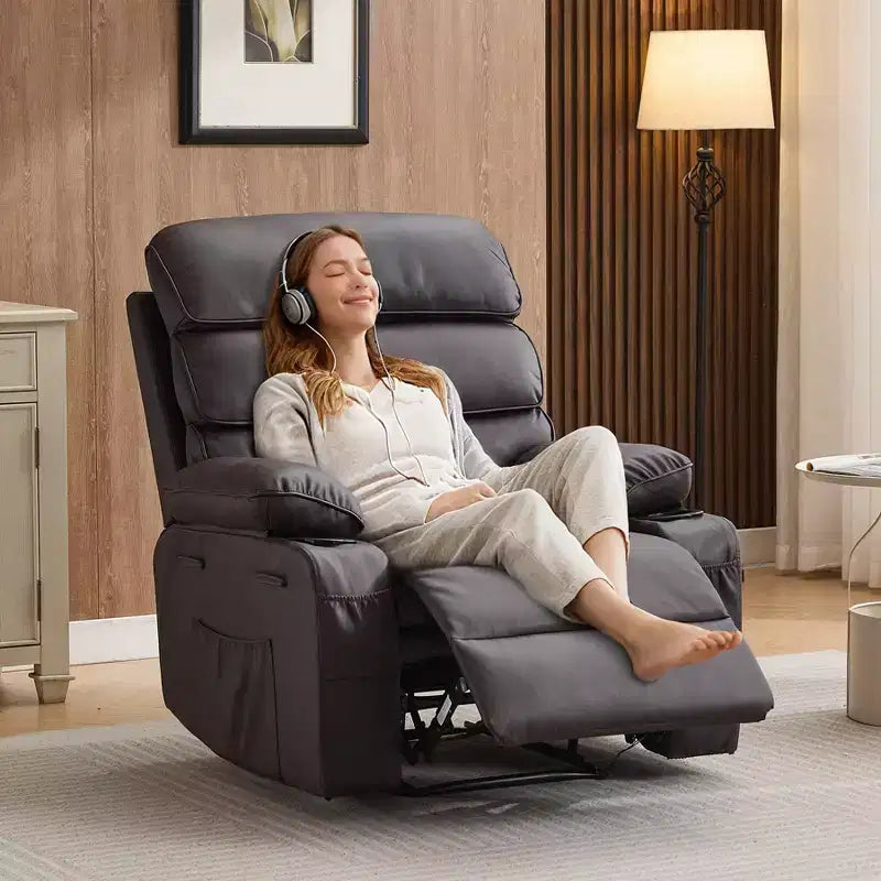 Fauteuil inclinable pivotant manuel surdimensionné avec massage et chauffage, rotation à 360°, inclinaison à 150°, cuir PU, télécommande pour salon
