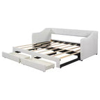 Lit de repos capitonné en lin taille Twin XL à King avec deux tiroirs, cadre de lit gigogne extensible avec lit d'appoint relevable pour chambre d'amis