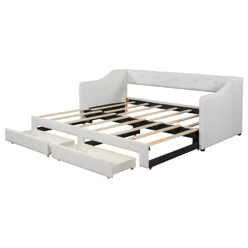Lit de repos capitonné en lin taille Twin XL à King avec deux tiroirs, cadre de lit gigogne extensible avec lit d'appoint relevable pour chambre d'amis