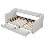 Lit de repos capitonné en lin taille Twin XL à King avec deux tiroirs, cadre de lit gigogne extensible avec lit d'appoint relevable pour chambre d'amis