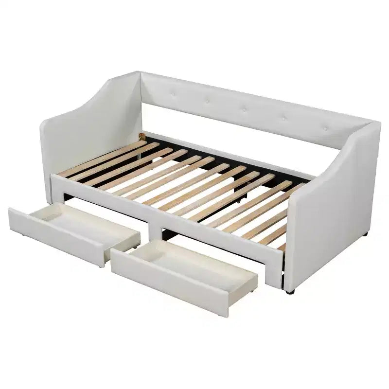Lit de repos capitonné en lin taille Twin XL à King avec deux tiroirs, cadre de lit gigogne extensible avec lit d'appoint relevable pour chambre d'amis