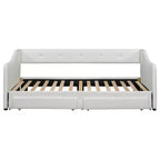 Lit de repos capitonné en lin taille Twin XL à King avec deux tiroirs, cadre de lit gigogne extensible avec lit d'appoint relevable pour chambre d'amis