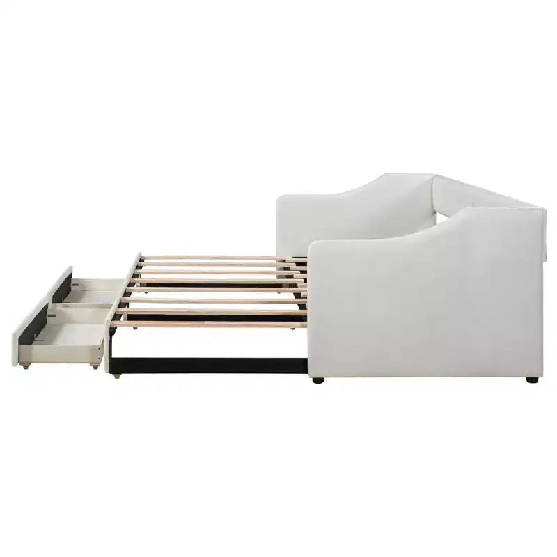 Lit de repos capitonné en lin taille Twin XL à King avec deux tiroirs, cadre de lit gigogne extensible avec lit d'appoint relevable pour chambre d'amis