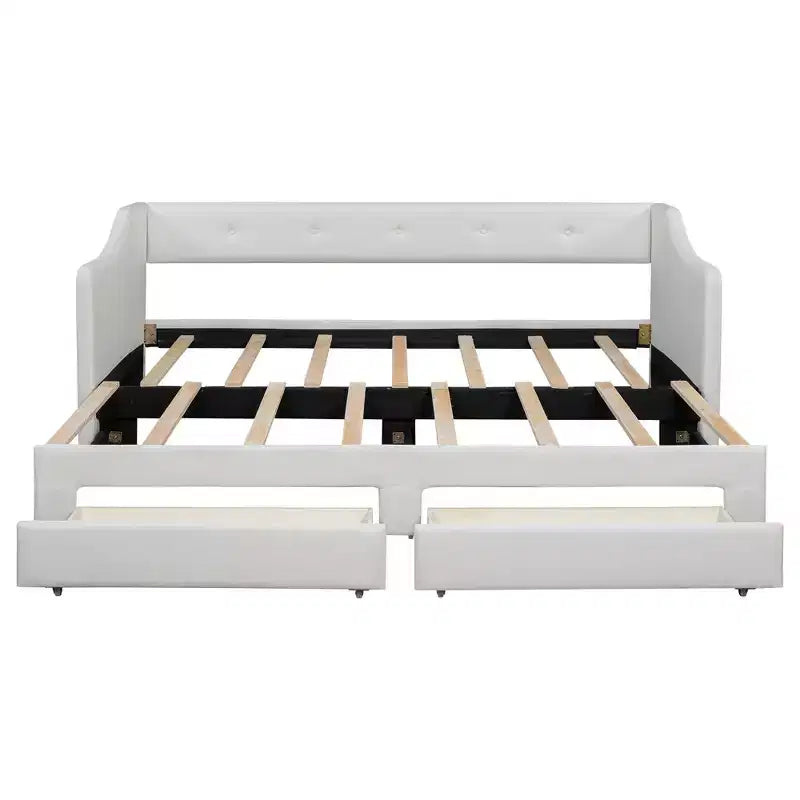 Lit de repos capitonné en lin taille Twin XL à King avec deux tiroirs, cadre de lit gigogne extensible avec lit d'appoint relevable pour chambre d'amis