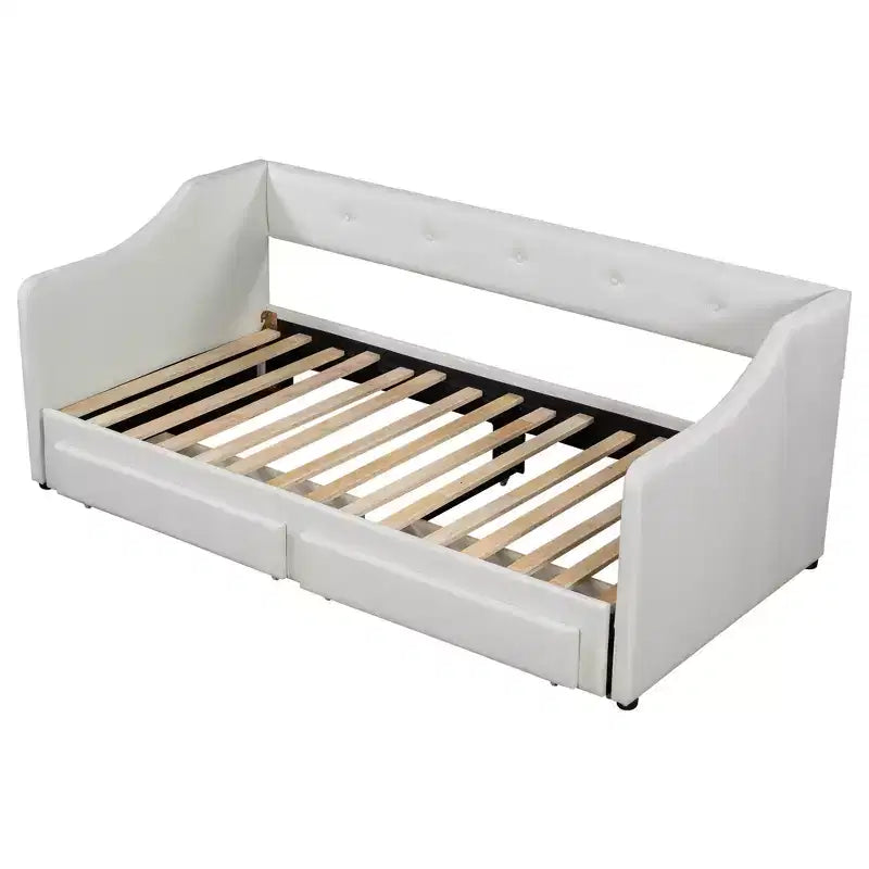 Lit de repos capitonné en lin taille Twin XL à King avec deux tiroirs, cadre de lit gigogne extensible avec lit d'appoint relevable pour chambre d'amis