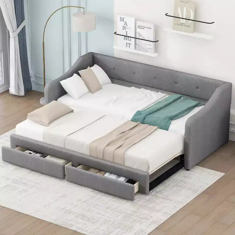 Lit de repos capitonné en lin taille Twin XL à King avec deux tiroirs, cadre de lit gigogne extensible avec lit d'appoint relevable pour chambre d'amis