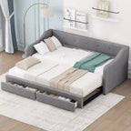 Lit de repos capitonné en lin taille Twin XL à King avec deux tiroirs, cadre de lit gigogne extensible avec lit d'appoint relevable pour chambre d'amis