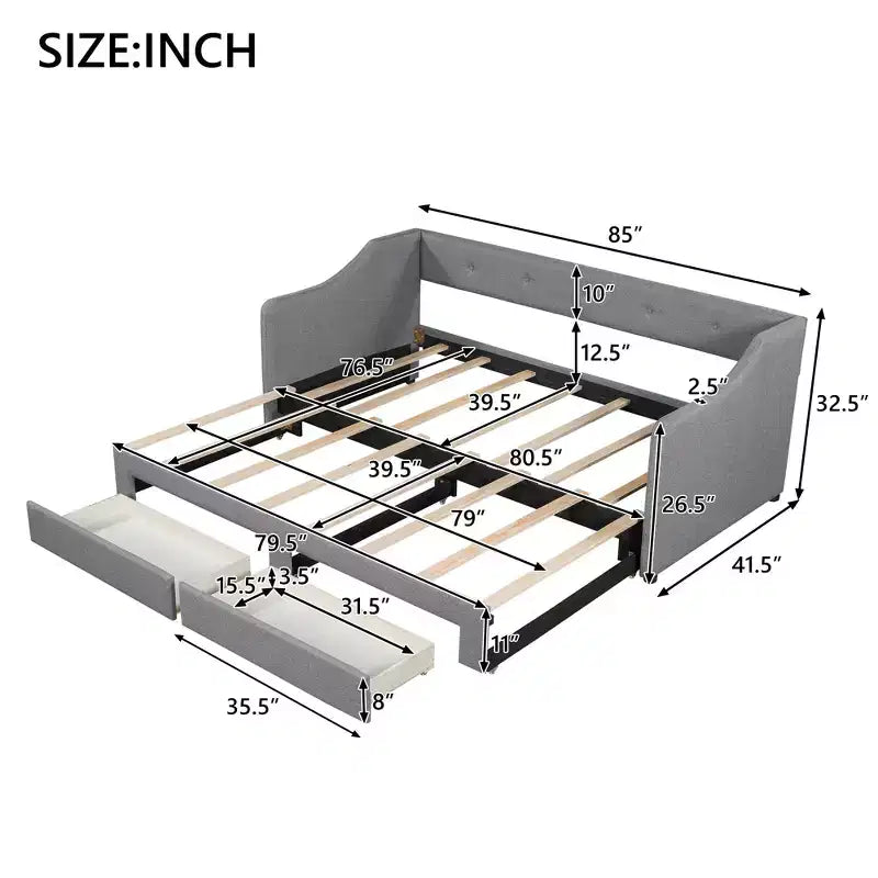 Lit de repos capitonné en lin taille Twin XL à King avec deux tiroirs, cadre de lit gigogne extensible avec lit d'appoint relevable pour chambre d'amis
