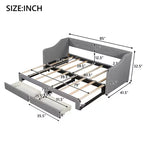 Lit de repos capitonné en lin taille Twin XL à King avec deux tiroirs, cadre de lit gigogne extensible avec lit d'appoint relevable pour chambre d'amis