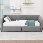 Lit de repos capitonné en lin taille Twin XL à King avec deux tiroirs, cadre de lit gigogne extensible avec lit d'appoint relevable pour chambre d'amis