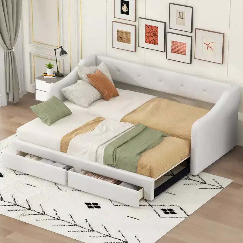 Lit de repos capitonné en lin taille Twin XL à King avec deux tiroirs, cadre de lit gigogne extensible avec lit d'appoint relevable pour chambre d'amis