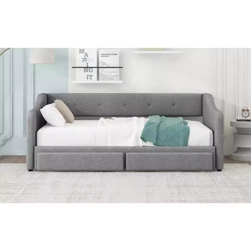 Lit de repos capitonné en lin taille Twin XL à King avec deux tiroirs, cadre de lit gigogne extensible avec lit d'appoint relevable pour chambre d'amis