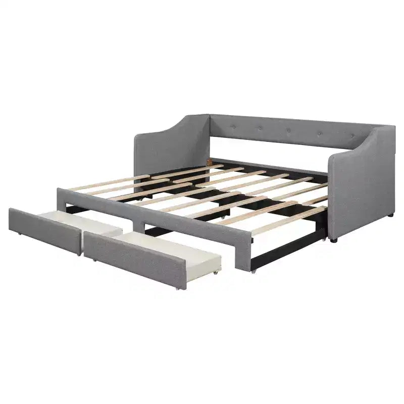 Lit de repos capitonné en lin taille Twin XL à King avec deux tiroirs, cadre de lit gigogne extensible avec lit d'appoint relevable pour chambre d'amis