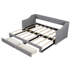 Lit de repos capitonné en lin taille Twin XL à King avec deux tiroirs, cadre de lit gigogne extensible avec lit d'appoint relevable pour chambre d'amis