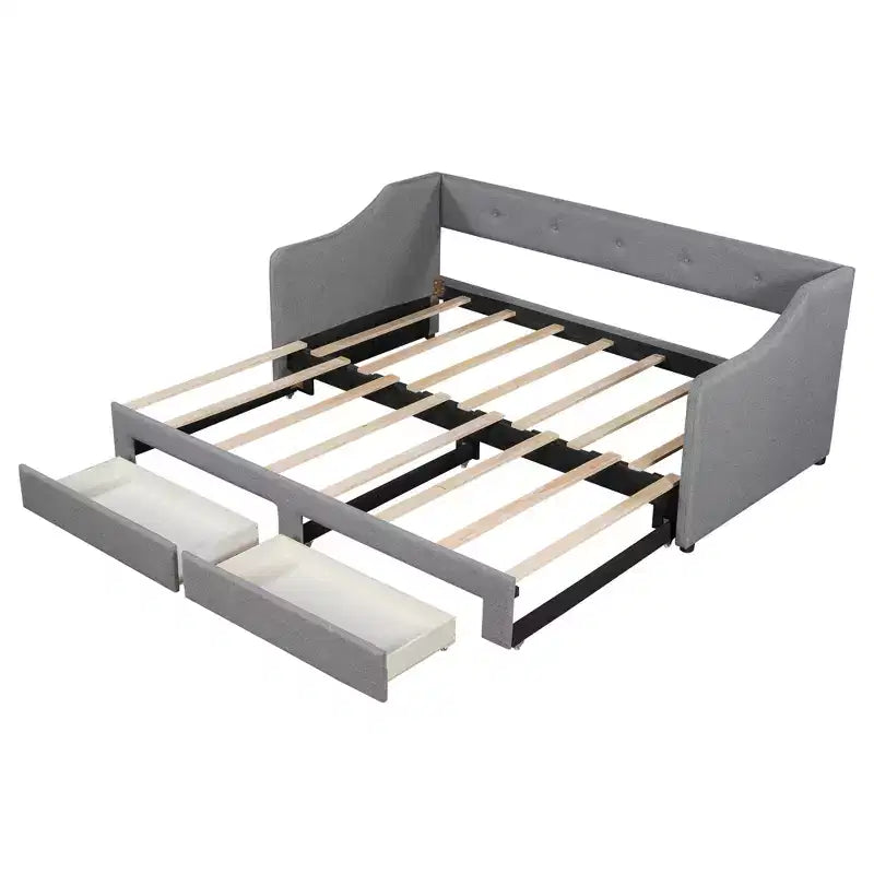 Lit de repos capitonné en lin taille Twin XL à King avec deux tiroirs, cadre de lit gigogne extensible avec lit d'appoint relevable pour chambre d'amis
