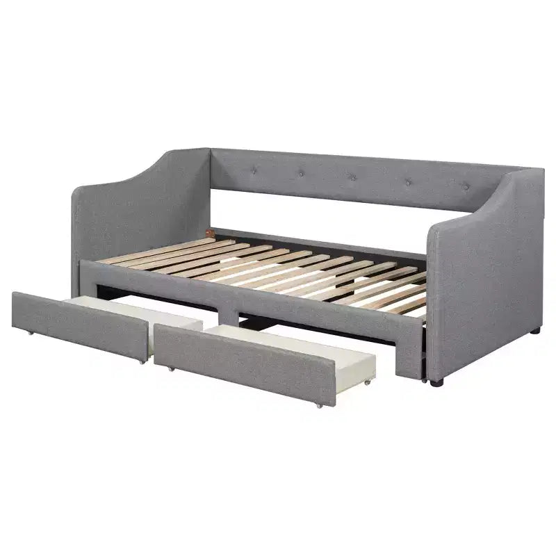 Lit de repos capitonné en lin taille Twin XL à King avec deux tiroirs, cadre de lit gigogne extensible avec lit d'appoint relevable pour chambre d'amis