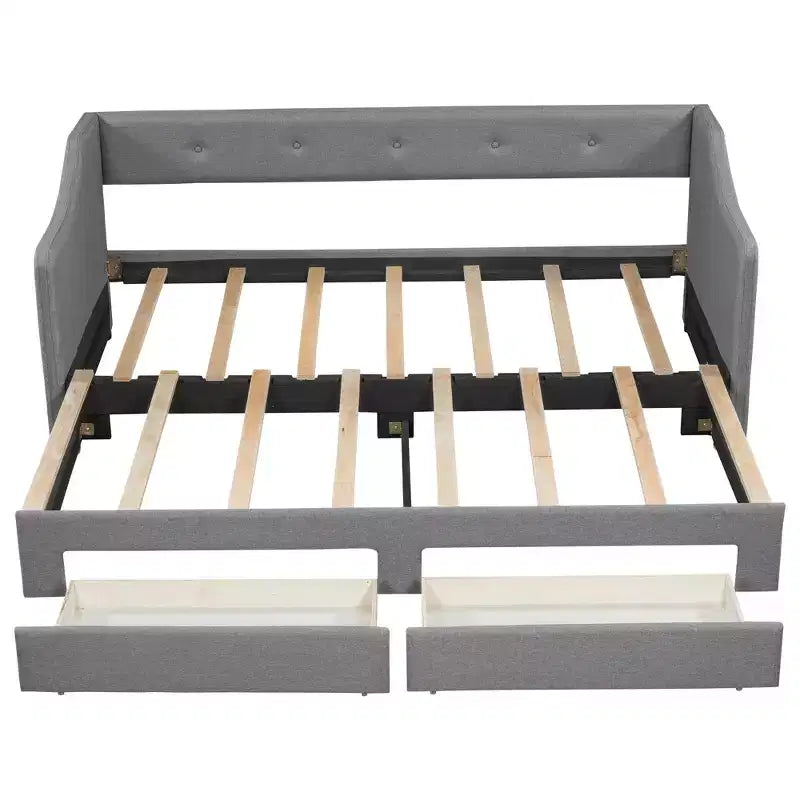 Lit de repos capitonné en lin taille Twin XL à King avec deux tiroirs, cadre de lit gigogne extensible avec lit d'appoint relevable pour chambre d'amis