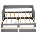Lit de repos capitonné en lin taille Twin XL à King avec deux tiroirs, cadre de lit gigogne extensible avec lit d'appoint relevable pour chambre d'amis