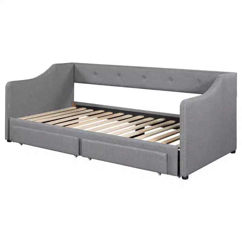 Lit de repos capitonné en lin taille Twin XL à King avec deux tiroirs, cadre de lit gigogne extensible avec lit d'appoint relevable pour chambre d'amis
