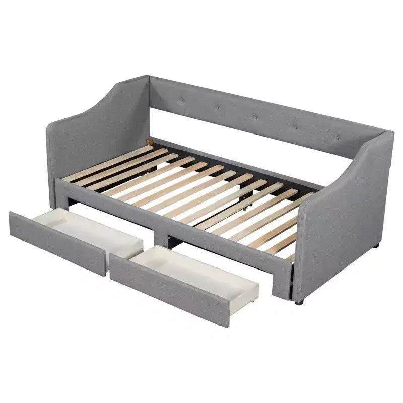 Lit de repos capitonné en lin taille Twin XL à King avec deux tiroirs, cadre de lit gigogne extensible avec lit d'appoint relevable pour chambre d'amis