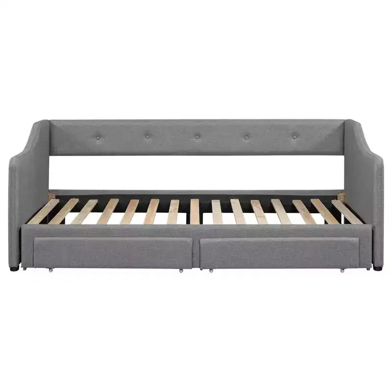 Lit de repos capitonné en lin taille Twin XL à King avec deux tiroirs, cadre de lit gigogne extensible avec lit d'appoint relevable pour chambre d'amis