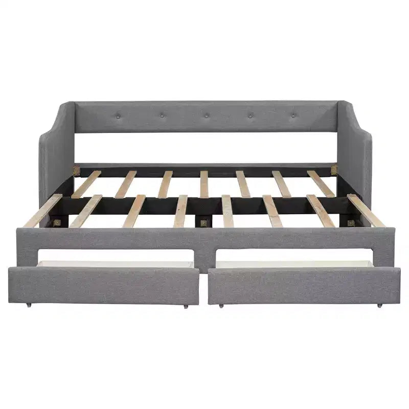 Lit de repos capitonné en lin taille Twin XL à King avec deux tiroirs, cadre de lit gigogne extensible avec lit d'appoint relevable pour chambre d'amis