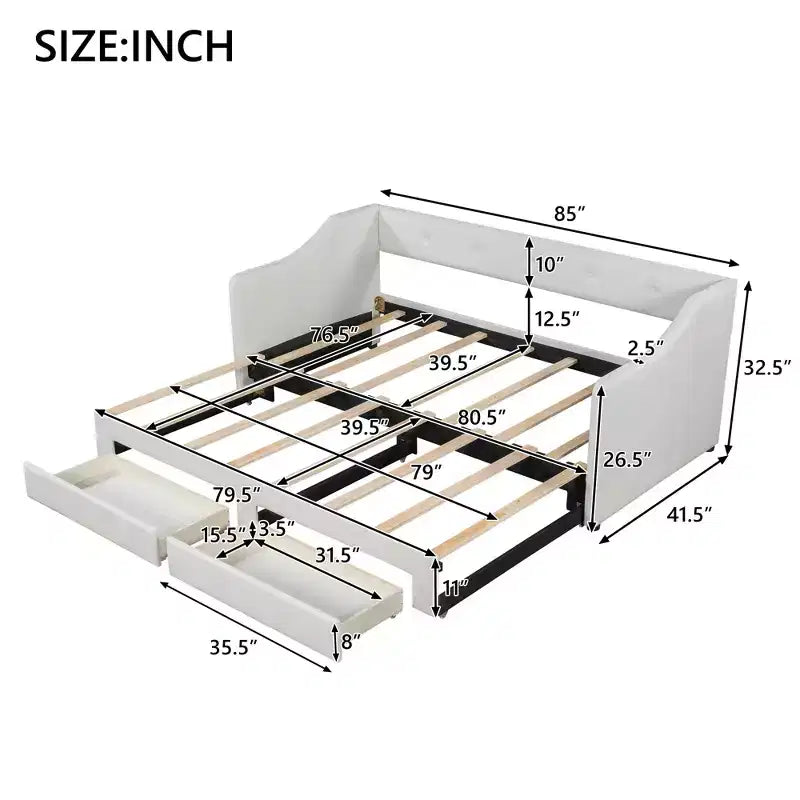 Lit de repos capitonné en lin taille Twin XL à King avec deux tiroirs, cadre de lit gigogne extensible avec lit d'appoint relevable pour chambre d'amis