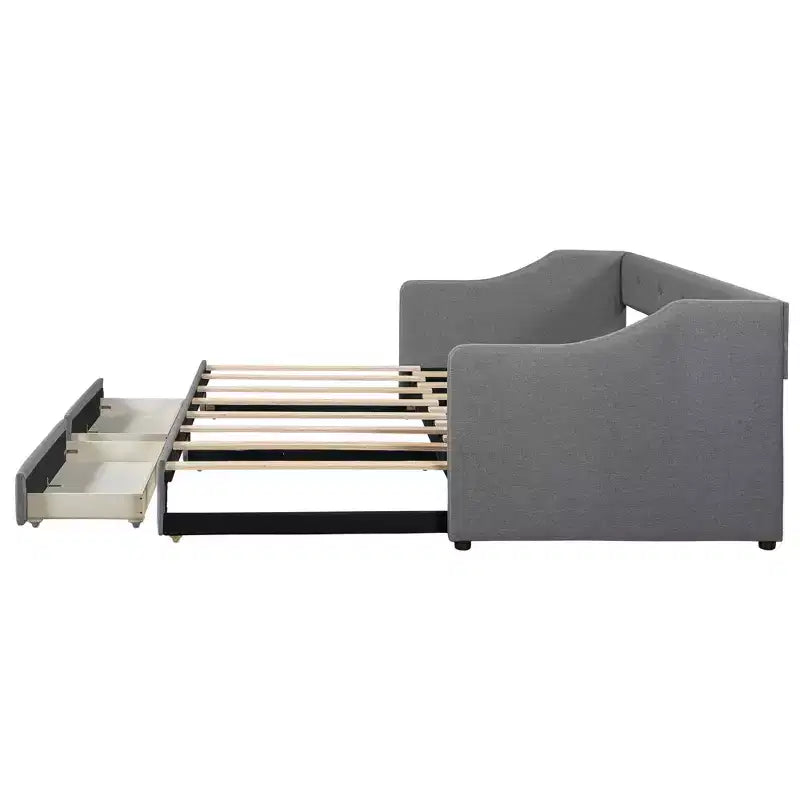 Lit de repos capitonné en lin taille Twin XL à King avec deux tiroirs, cadre de lit gigogne extensible avec lit d'appoint relevable pour chambre d'amis