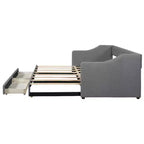 Lit de repos capitonné en lin taille Twin XL à King avec deux tiroirs, cadre de lit gigogne extensible avec lit d'appoint relevable pour chambre d'amis