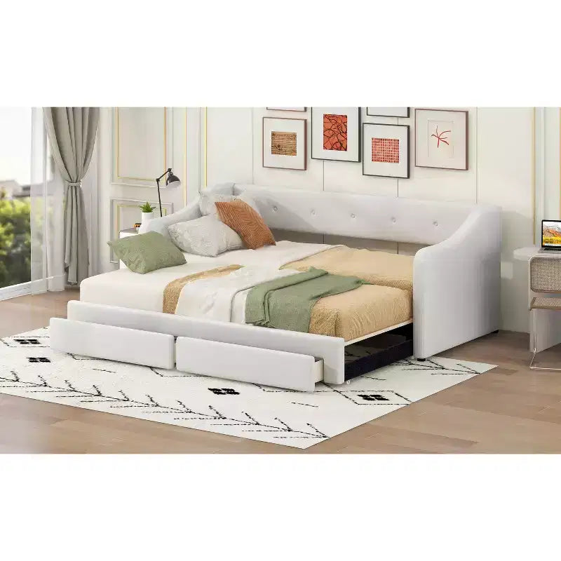 Lit de repos capitonné en lin taille Twin XL à King avec deux tiroirs, cadre de lit gigogne extensible avec lit d'appoint relevable pour chambre d'amis