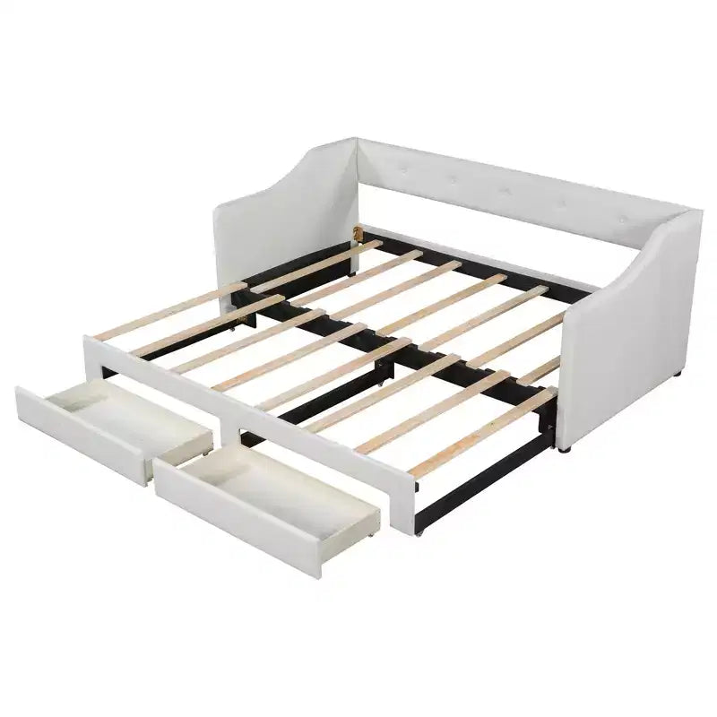 Lit de repos capitonné en lin taille Twin XL à King avec deux tiroirs, cadre de lit gigogne extensible avec lit d'appoint relevable pour chambre d'amis