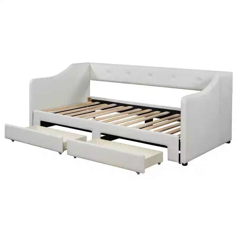 Lit de repos capitonné en lin taille Twin XL à King avec deux tiroirs, cadre de lit gigogne extensible avec lit d'appoint relevable pour chambre d'amis