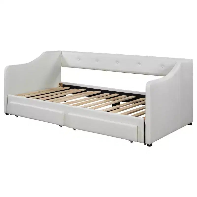 Lit de repos capitonné en lin taille Twin XL à King avec deux tiroirs, cadre de lit gigogne extensible avec lit d'appoint relevable pour chambre d'amis