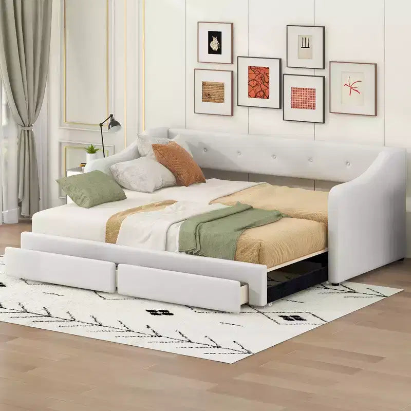 Twin XL to King Size Linen Upholstered Daybed with Two Drawers, Extendable Daybed Frame with Pop-up Trundle Bed for Guest Room