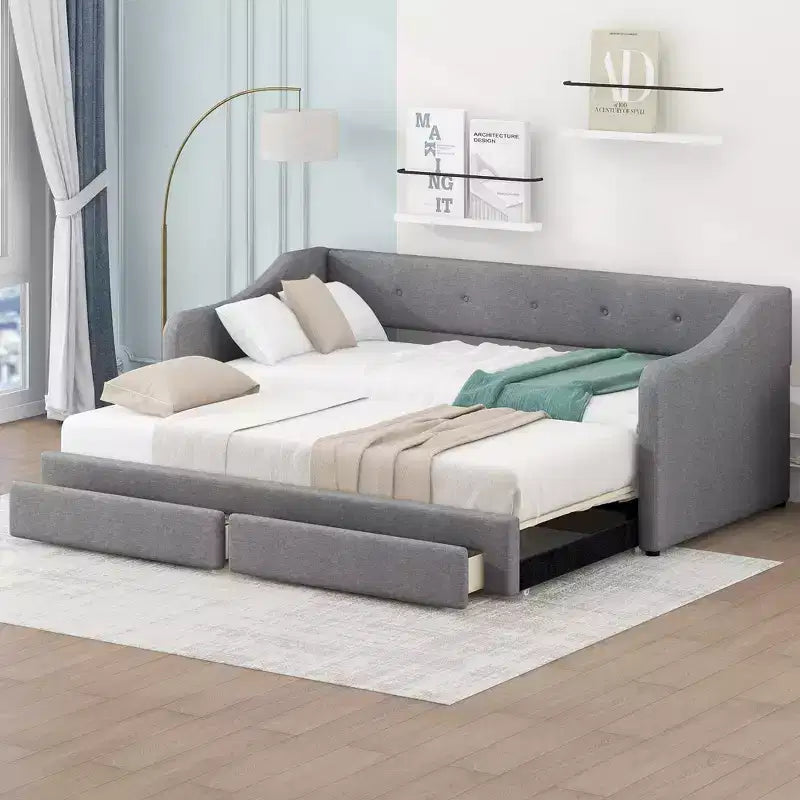 Lit de repos capitonné en lin taille Twin XL à King avec deux tiroirs, cadre de lit gigogne extensible avec lit d'appoint relevable pour chambre d'amis